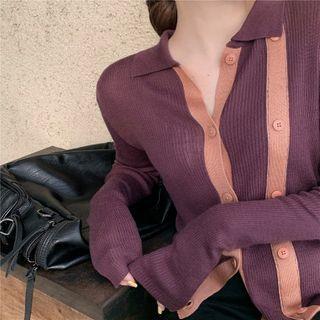 Color Block Buttoned Long-sleeve Knit Cardigan