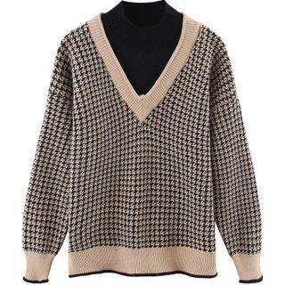 Mock-neck Mock Two-piece Houndstooth Sweater