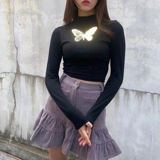 Mock Turtleneck Butterfly Print Long-sleeve Cropped T-shirt