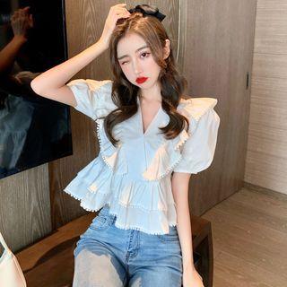 Deep-v Neck Ruffle Puff Sleeve Top White - One Size