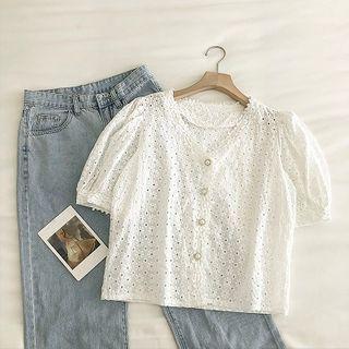 Perforated V-neck Short-sleeve Blouse White - One Size
