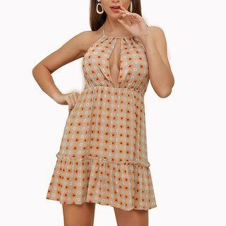 Haler-neck Flower Print Mini A-line Dress
