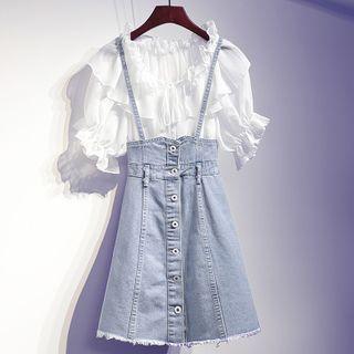 Set: Ruffle Trim Blouse + Denim Button A-line Pinafore Dress