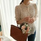 Frilled-neck See-through Floral Blouse Ivory - One Size