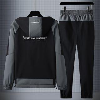 Set: Lettering Print Hooded Zip Jacket + Sweatpants