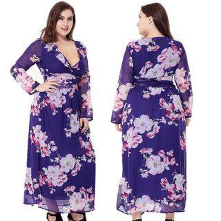 Plus Size Long Sleeve V Neck Flower Print Chiffon A-line Dress