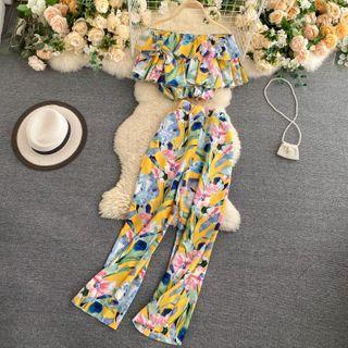 Set Of 2 : Off-shoulder Print Top + High-waist Print Wide-leg Pants
