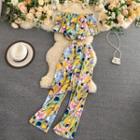 Set Of 2 : Off-shoulder Print Top + High-waist Print Wide-leg Pants