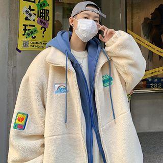 Mock Two-piece Embroidered Faux Shearling Hooded Jacket
