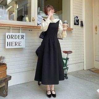 Square-neck Flared Long Overall Dress Black - One Size