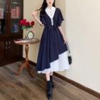 Short-sleeve Two-tone Tie-waist Midi Shirt Dress