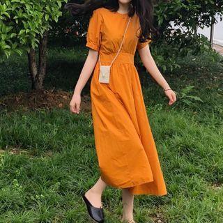 Puff-sleeve Midi A-line Dress Orange - One Size