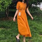 Puff-sleeve Midi A-line Dress Orange - One Size