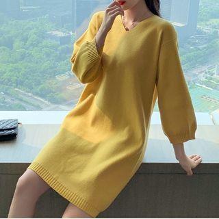 V-neck Plain Knit Shift Dress