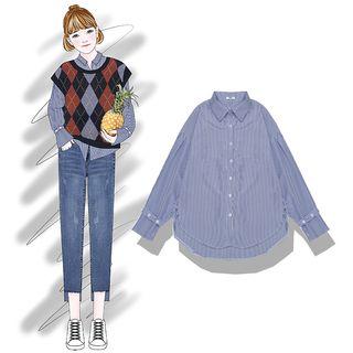 Tie-cuff Pinstriped Shirt Pinstripe - Blue & White - One Size