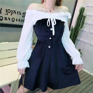 Off-shoulder Chiffon Panel Long-sleeve A-line Dress