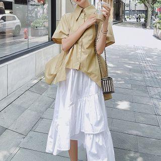 Set: Elbow-sleeve Slit Shirt + Asymmetrical Midi A-line Skirt