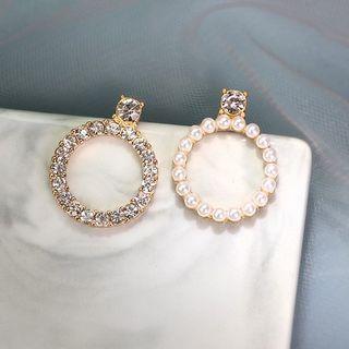 Non-matching Rhinestone & Faux Pearl Hoop Earring 1 Pair - A327 - Non-matching Rhinestone & Faux Pearl Hoop Earring - One Size