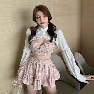 Ruffled Cropped Shirt / Plaid Cropped Camisole Top / Mini Skort / Set
