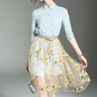 Set: Plain Elbow Sleeve Shirtdress + Flower Embroidered Mesh Skirt