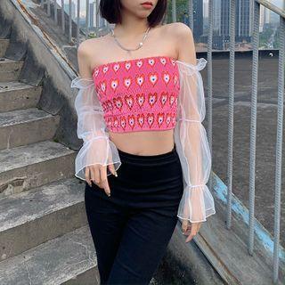 Mesh Panel Off-shoulder Heart Print Crop Top