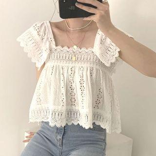 Eyelet Lace Open Back Cap-sleeve Blouse White - One Size