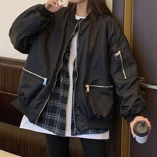 Plaid Panel Bomber Jacket Plaid - Black - One Size