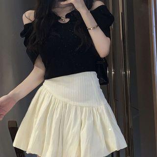 Off-shoulder Plain Cropped Top / Plain A-line Mini Skirt