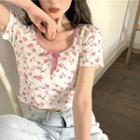 Short-sleeve Floral T-shirt Pink & Green Floral - White - One Size