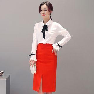 Set: Bell-sleeve Blouse + Slit Skirt