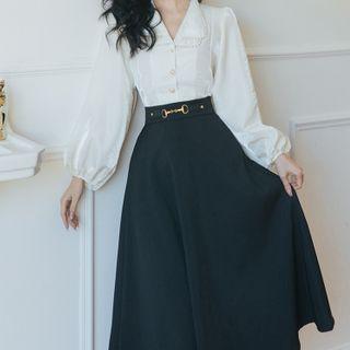 Set: Puff-sleeve Faux Pearl Shirt + Midi A-line Skirt