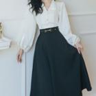 Set: Puff-sleeve Faux Pearl Shirt + Midi A-line Skirt