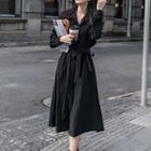 Long-sleeve A-line Midi Shirtdress Black - One Size