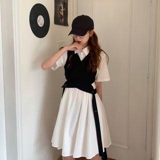 Collared Short-sleeve Shift Dress / Cut-out Vest