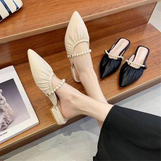 Pointy-toe Shirred Faux Pearl Block Heel Mules