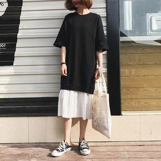 Elbow-sleeve Panel Midi Dress