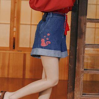 Cat Print Wide-leg Denim Shorts