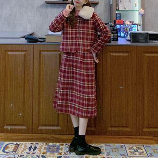 Faux Fur Trim Plaid Jacket / Midi A-line Skirt
