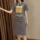 Set: Short-sleeve Hooded T-shirt + Striped Midi Skirt