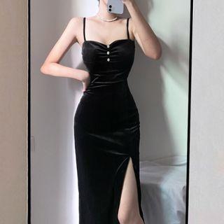 Spaghetti Strap Velvet Slit Maxi Dress
