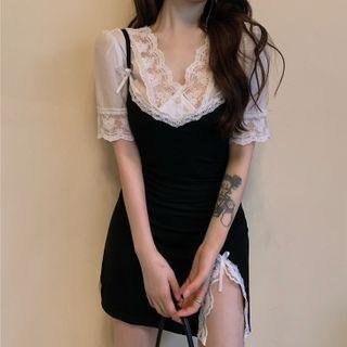 Spaghetti Strap Slit Mini A-line Dress / Short-sleeve Lace Panel Blouse