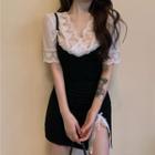 Spaghetti Strap Slit Mini A-line Dress / Short-sleeve Lace Panel Blouse