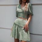Set: Short-sleeve V-neck Cutout Crop Top + Mini A-line Skirt