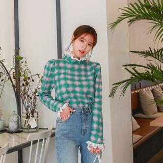 High-neck Lace-detail Plaid Top