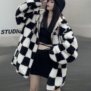 Reversible Checkerboard Fluffy Hooded Zip Jacket