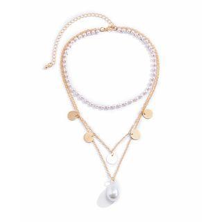 Faux Pearl Pendent Alloy Layered Choker Necklace