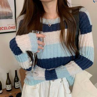 Long-sleeve Striped Cropped Sweater Stripe - Blue & White - One Size