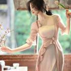 Flared-sleeve Mock Two-piece Midi Sheath Dress