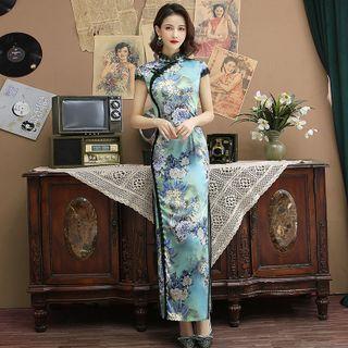 Floral Cap-sleeve Lace Trim Maxi Qipao