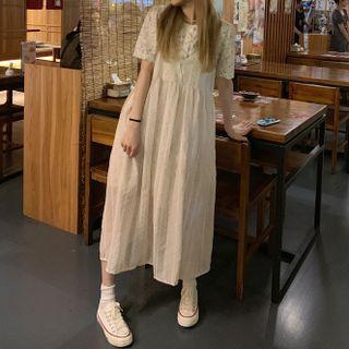 Short-sleeve Floral Print Top / Spaghetti Strap Plain Midi Dress